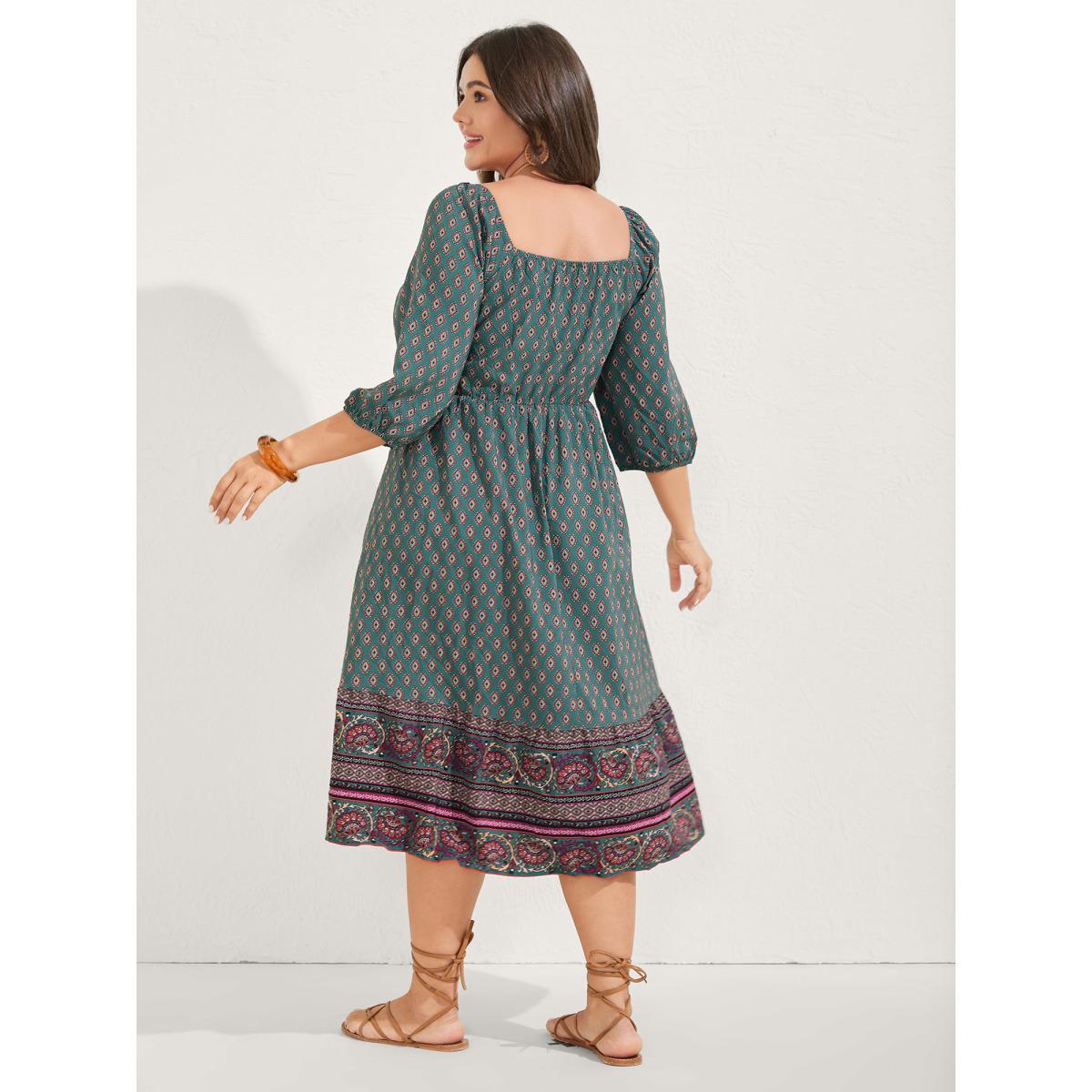 Plus Size Paisley Print Shirred Bodice Midi Dress Teal Women Square Neck Elbow-length sleeve Curvy BloomChic 18-20/2X Product Image