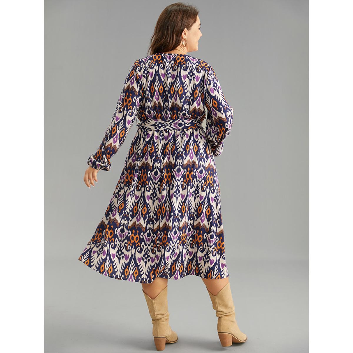 Plus Size Boho Print Overlap Collar Elastic Waist Belted Dress DarkBlue Women Resort Elastic cuffs Overlap Collar Long Sleeve Curvy Midi Dress BloomChic 18-20/2X Product Image