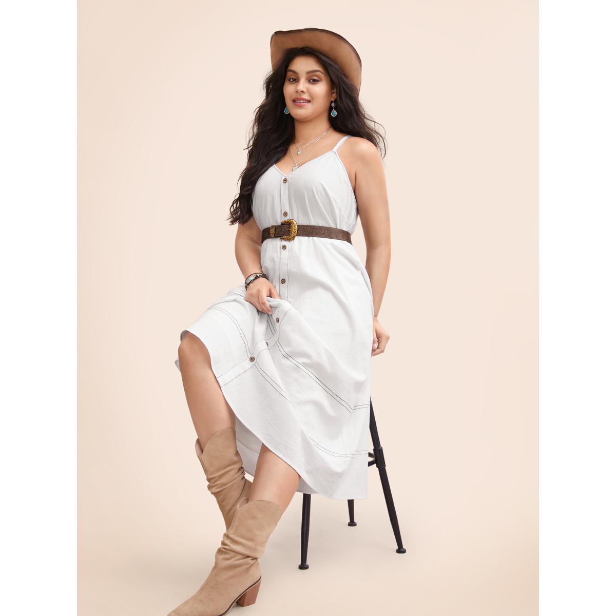 Plus Size Hollow Front Button Detail Flare Maxi Dress Originalwhite Women Resort Topstitching V-neck Sleeveless Curvy BloomChic 12/L Product Image