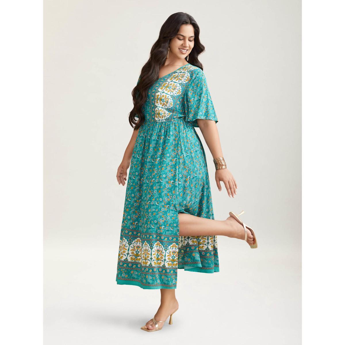 Plus Size Boho Floral Print V-Neck Maxi Dress Cerulean Women Resort Non V-neck Half Sleeve Curvy BloomChic 28/5X Product Image