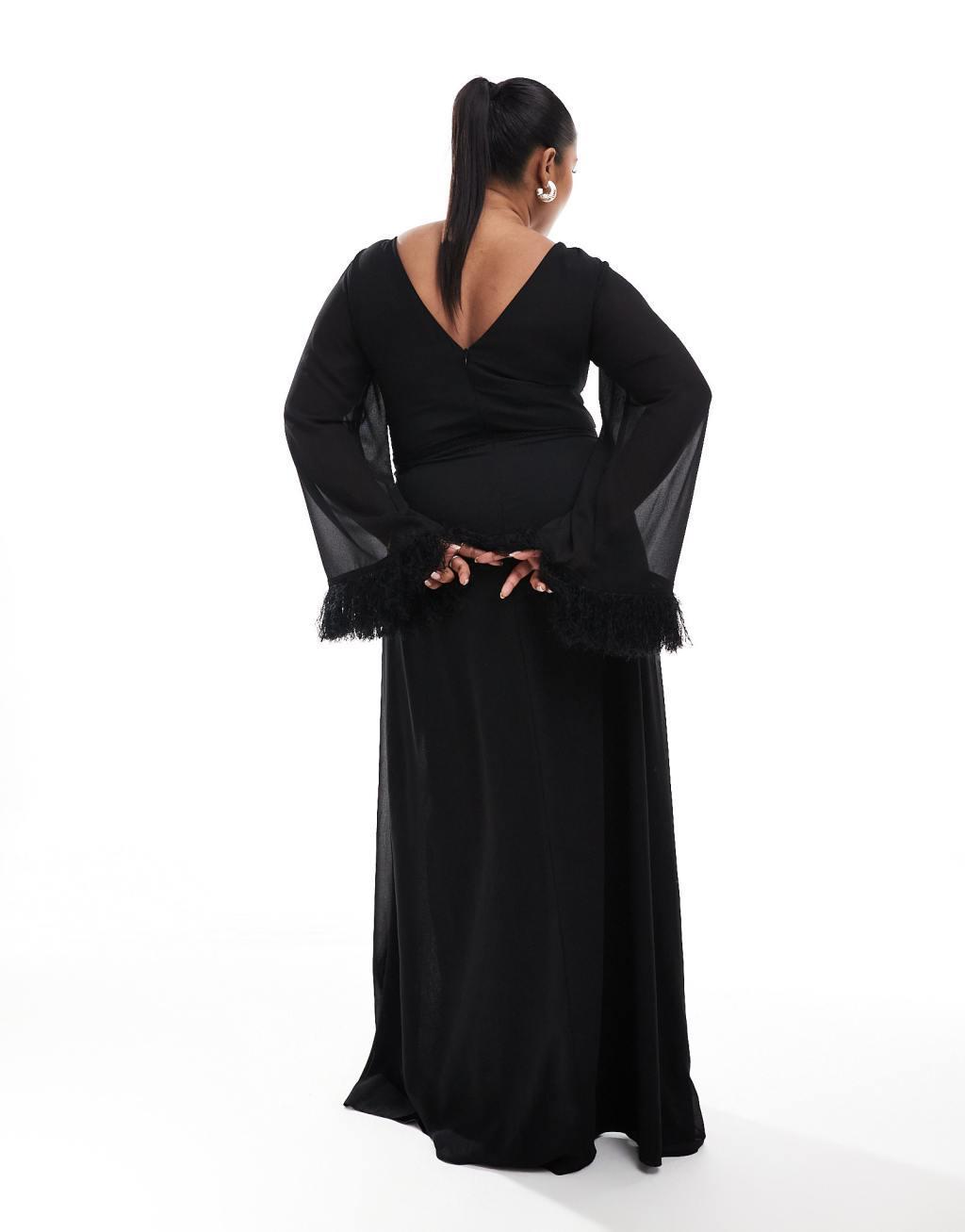 TFNC Plus long sleeve maxi dress with faux feather cuffs in black Product Image