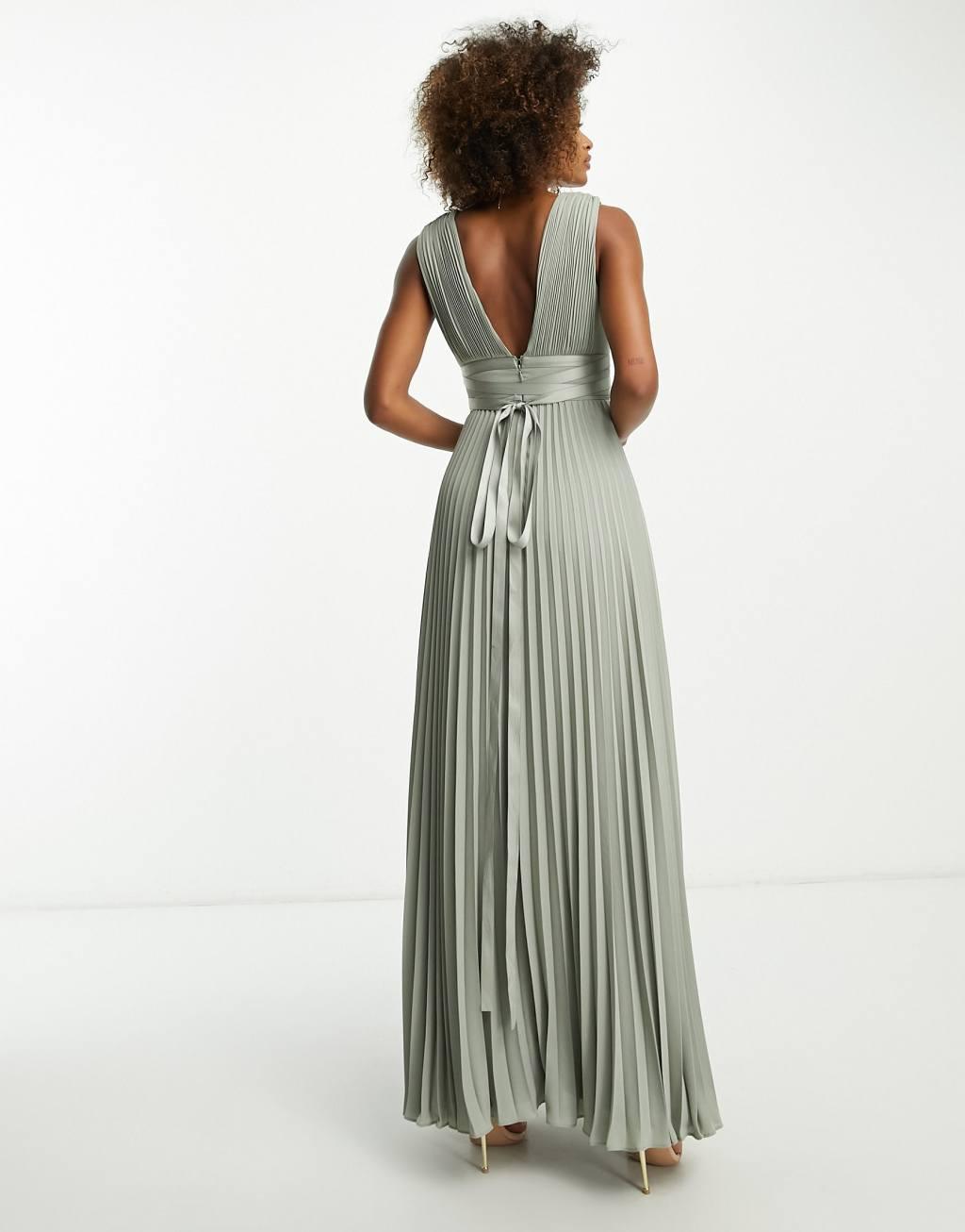 ASOS DESIGN Bridesmaid pleated cami maxi dress with satin wrap waist Product Image