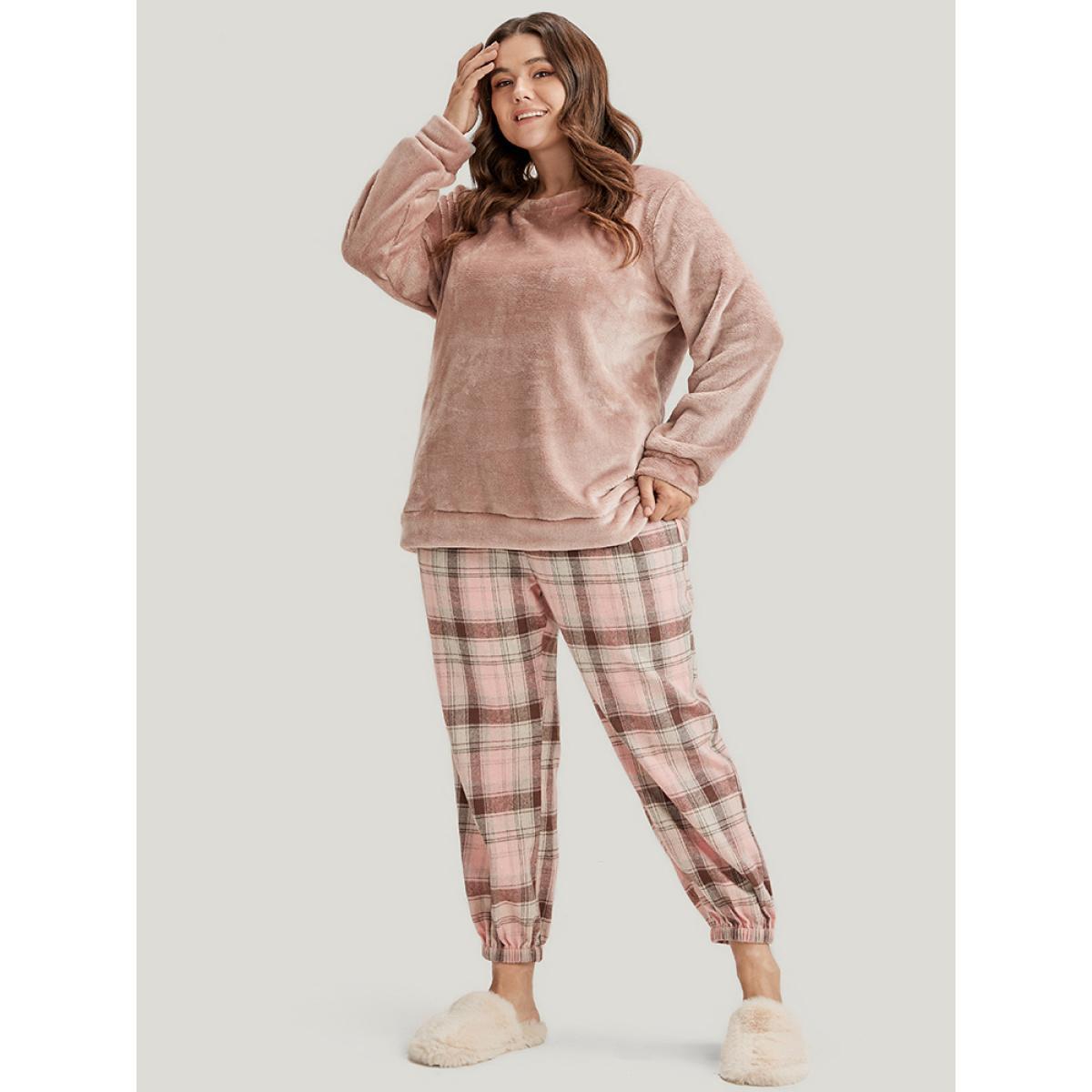 Plus Size Solid Flannel Round Neck Plaid Pajama Set Women Russet Plaid Elastic Waist Long Sleeve Round Neck Casual Loungewear Sets BloomChic 12/L Product Image