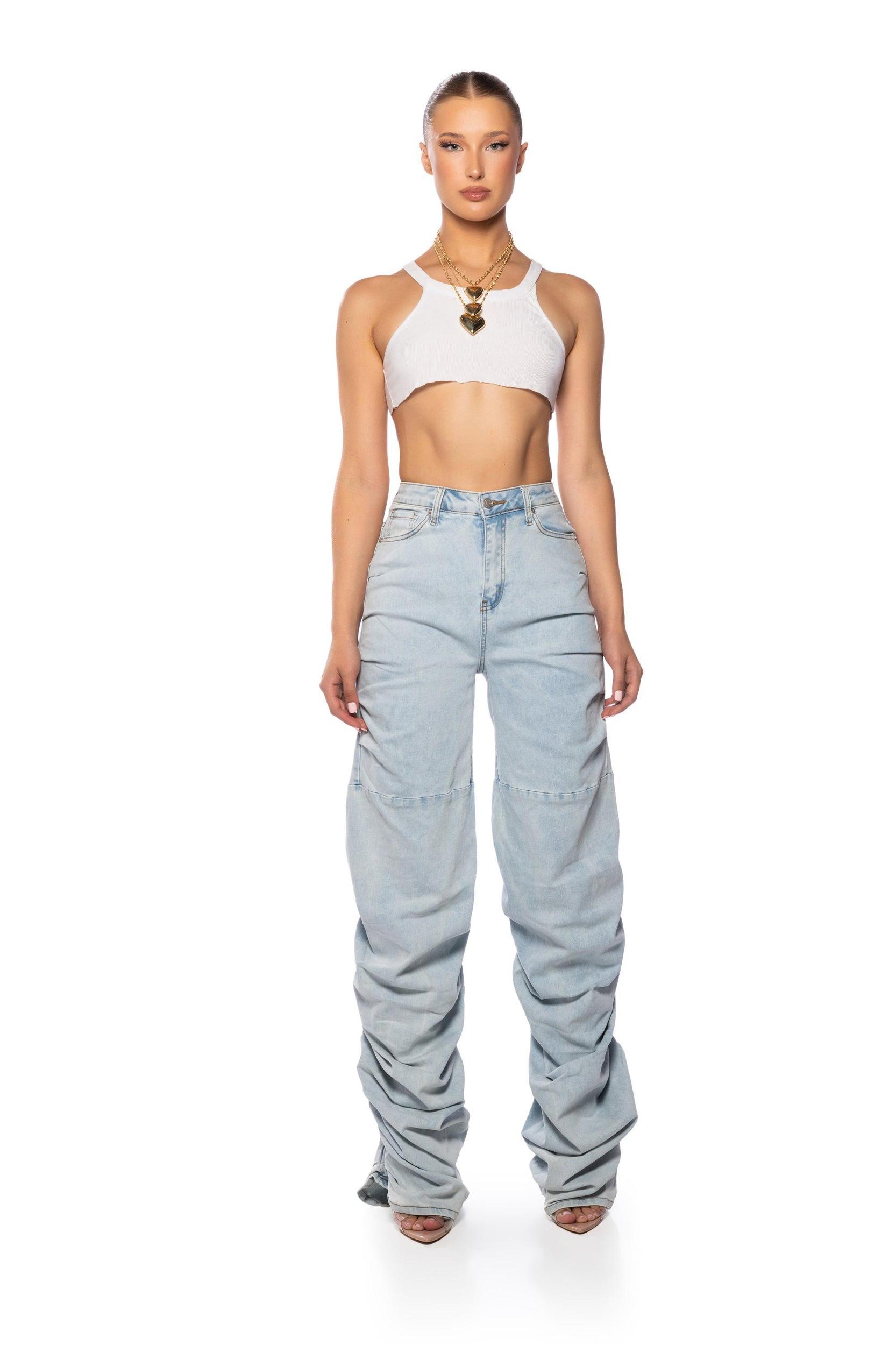 NEVER CHANGE RUCHED RELAXED FIT JEANS IN LIGHT BLUE DENIM Product Image