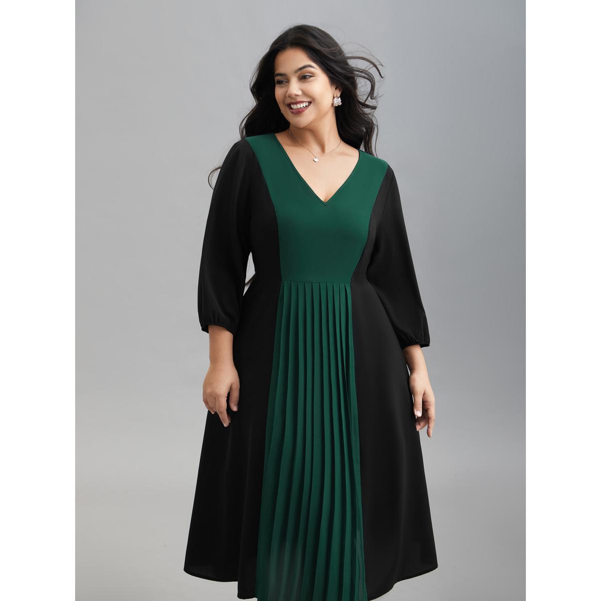Plus Size Color Block V-Neck Pleated Midi Dress DarkGreen Women At the Office Contrast V-neck Elbow-length sleeve Curvy BloomChic 14-16/1X Product Image