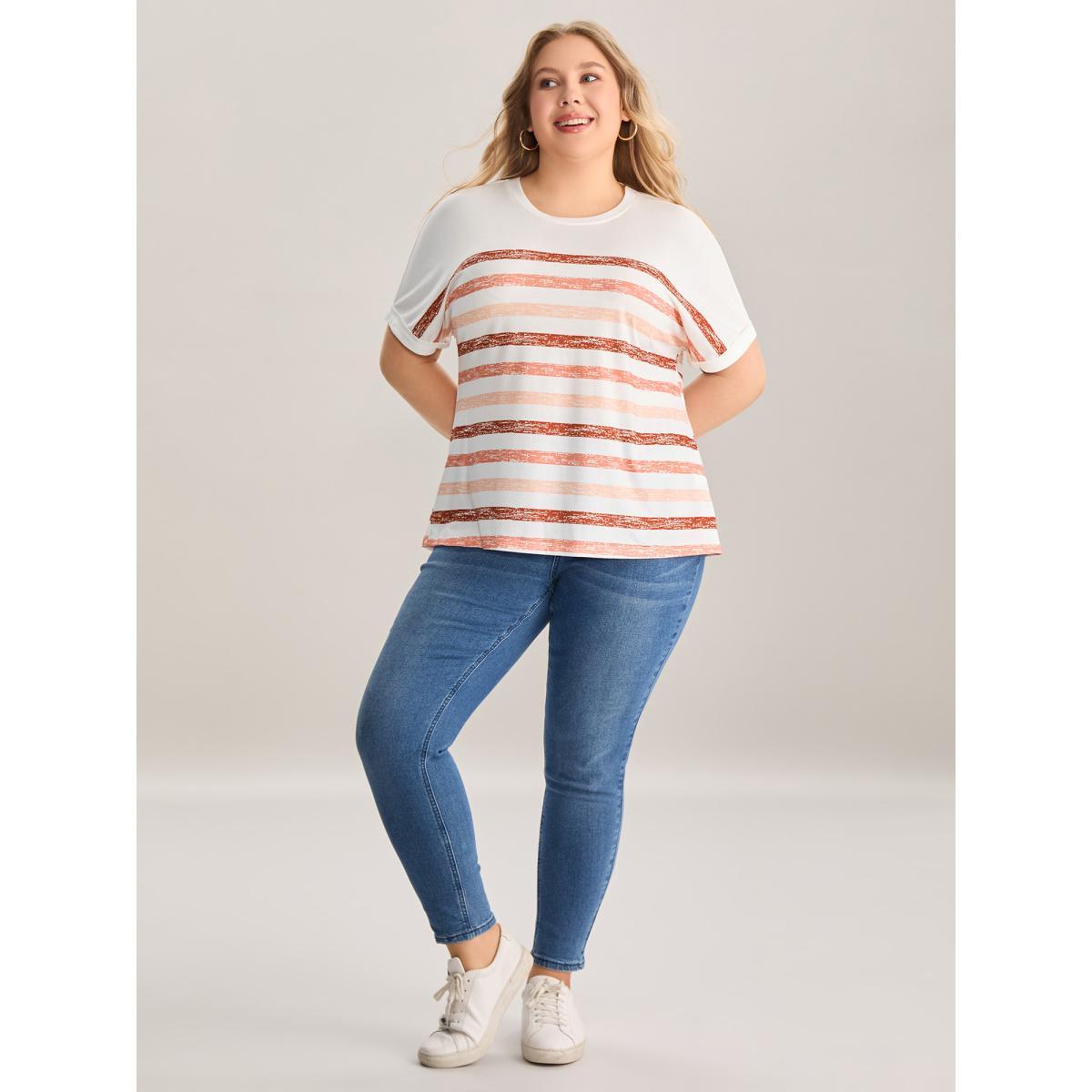 Plus Size Colorful Stripes Stretchy Crewneck T-Shirt WhiteSmoke Women Contrast Round Neck Everyday-Casual T-shirts BloomChic 26/4X Product Image