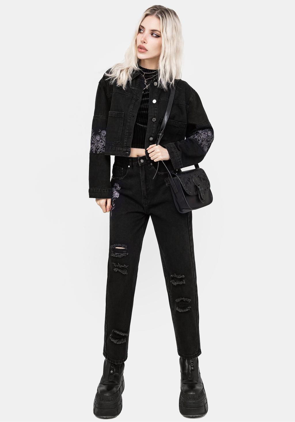Deadhead Rose Embroidered Distressed Denim Barrel Leg Jeans Product Image