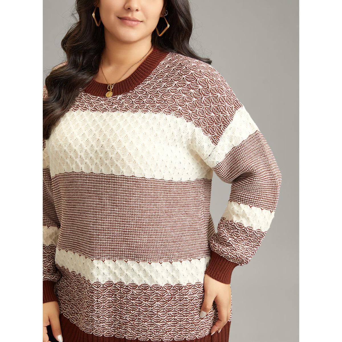 Plus Size Colorblock Contrast Round Neck Elastic Cuffs Pullover Rust Women Casual Loose Long Sleeve Round Neck Dailywear Pullovers BloomChic 26/4X Product Image
