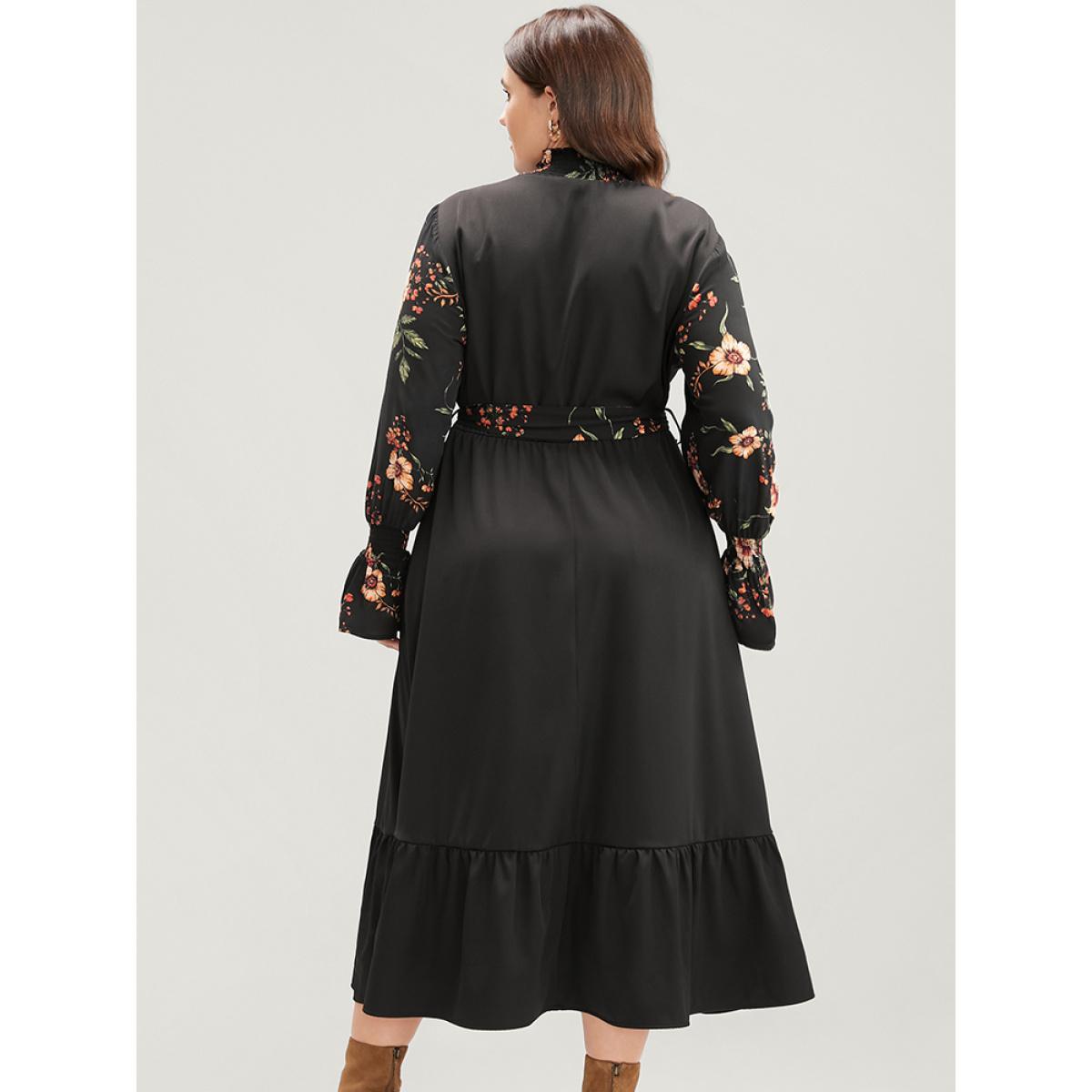 Plus Size Floral Patchwork Lantern Sleeve Pocket Belted Shirred Mock Neck Dress Black Women Elegant Patchwork Mock Neck Long Sleeve Curvy Midi Dress BloomChic 30/6X Product Image