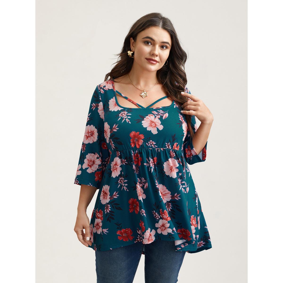 Plus Size Floral Print Neck Cut-Out Babydoll Top Multicolor Women Elegant Gathered Natural Flowers Square Neck Bodycon Everyday T-shirts BloomChic 18-20/2X Product Image
