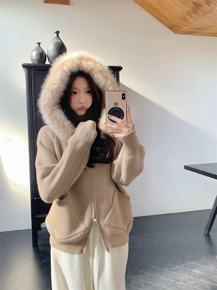 Faux Fur-Trim Hooded Knit Cardigan Product Image