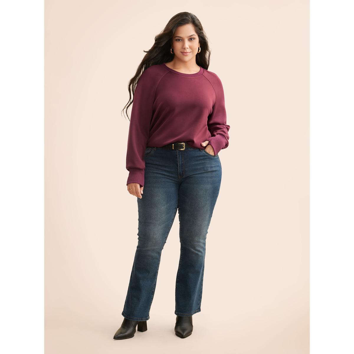 Plus Size Solid Raglan Sleeve Slit Hem Sweatshirt Women Plum Casual Slit Loose Non Everyday Sweatshirts BloomChic 18-20/2X Product Image