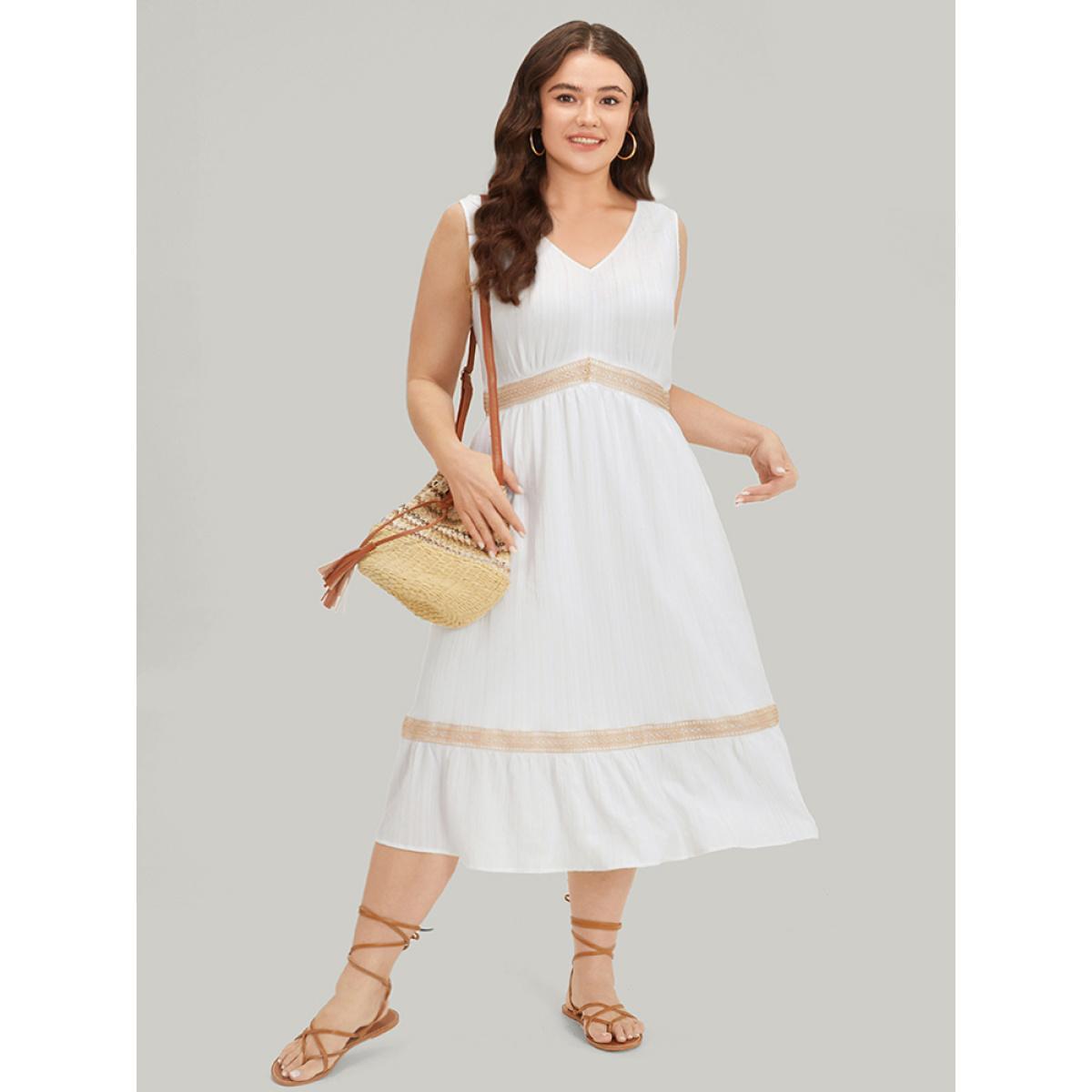 Plus Size V Neck Patchwork Ruffle Hem Elastic Waist Tank Dress White Women Vacation Lined V-neck Sleeveless Curvy Midi Dress BloomChic 14-16/1X Product Image