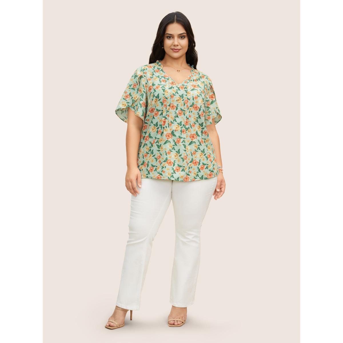 Plus Size Palemauve Rose Print Pleated Petal Sleeve Blouse Women Elegant Short sleeve V-neck Everyday Blouses BloomChic 10/M Product Image