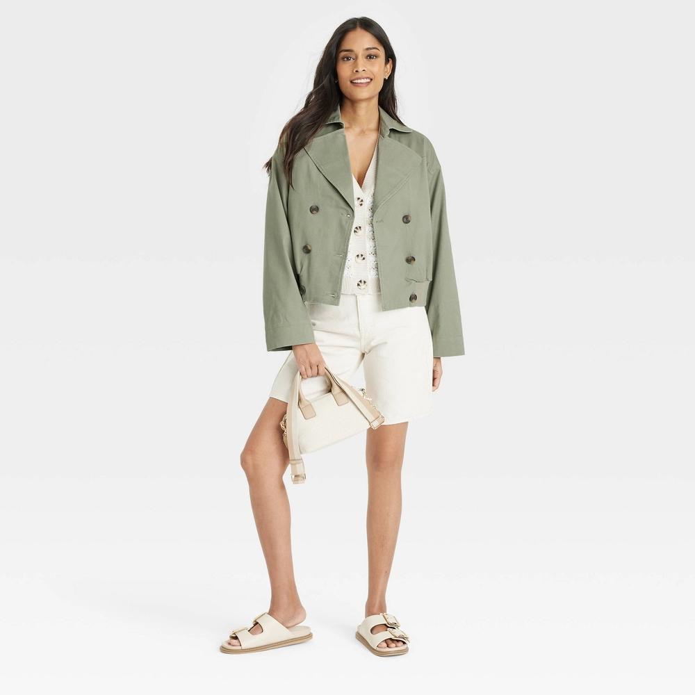 Womens Long Sleeve Trench Coat - Universal Thread Olive XL: Heavyweight Twill, Drawstring Waist, Button Closure Product Image