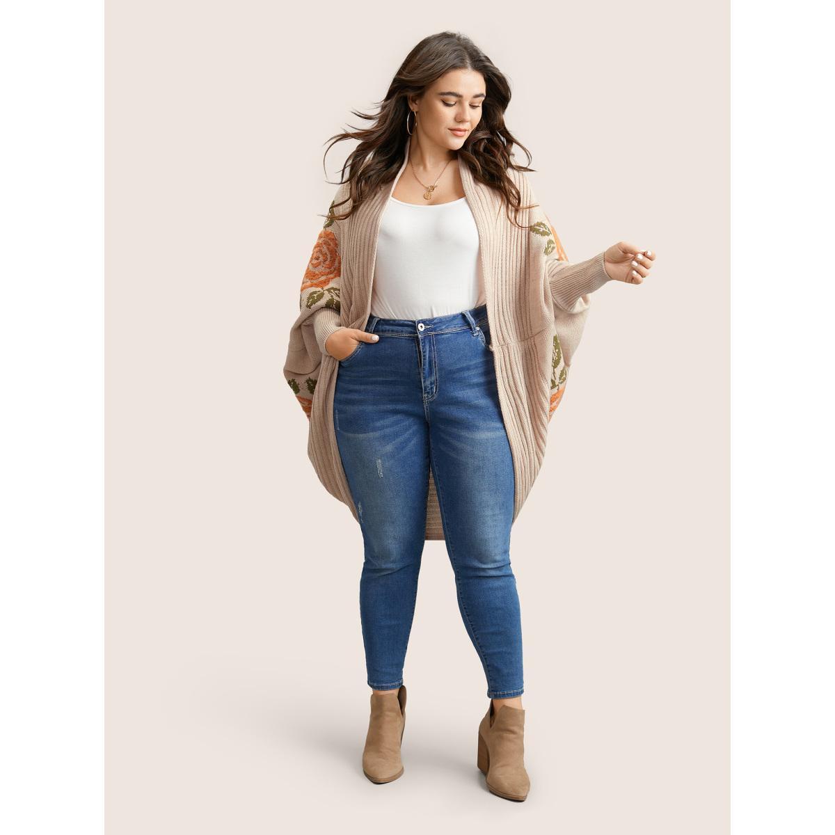 Plus Size Floral Jacquard Batwing Sleeve Open Front Cardigan Apricot Women Elegant Long Sleeve Everyday Cardigans BloomChic 12/L Product Image