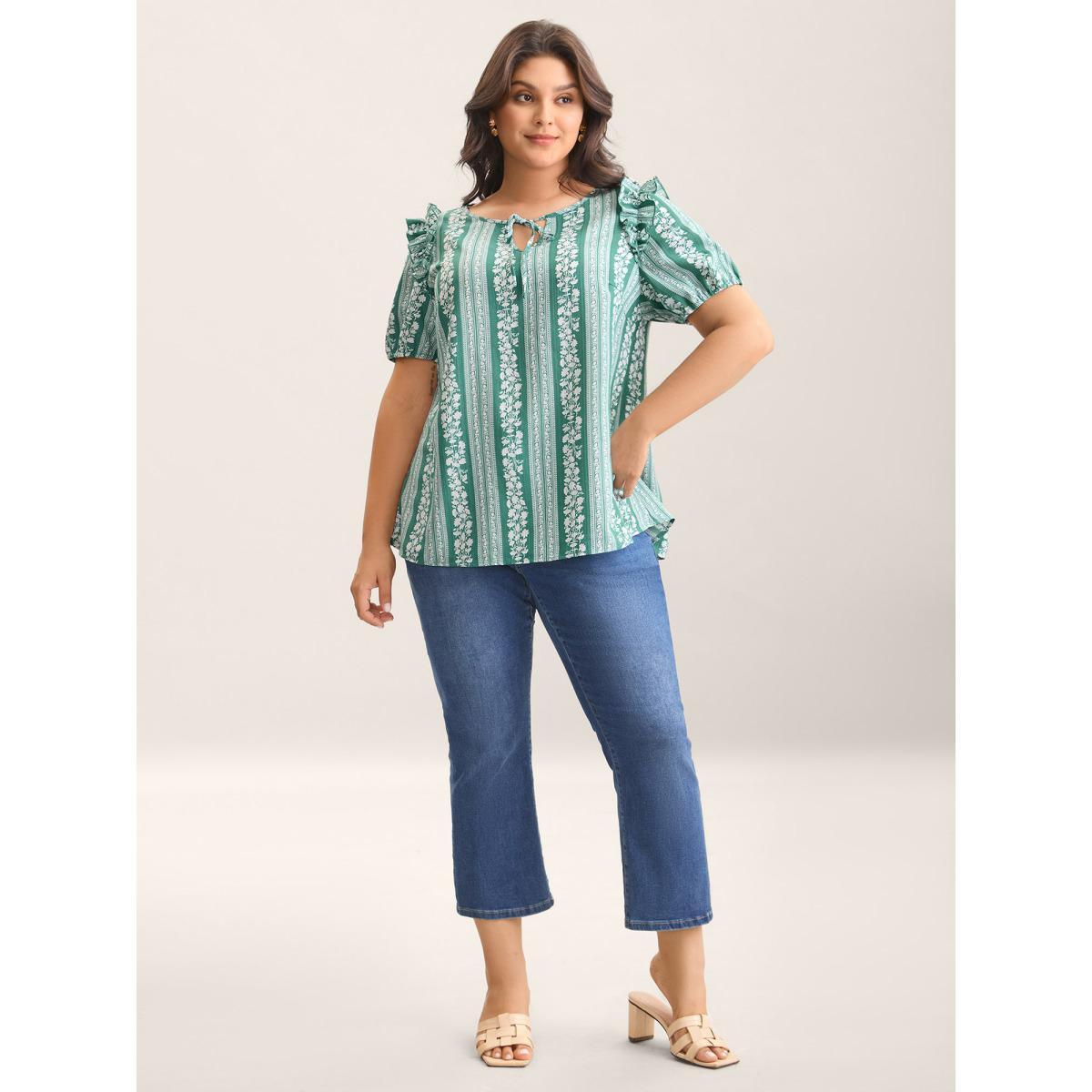 Plus Size Teal Floral Print Ruffled Detail Sleeve Blouse Women Short sleeve Flat collar with V-notch Everyday-Elegant Blouses BloomChic 10/M Product Image
