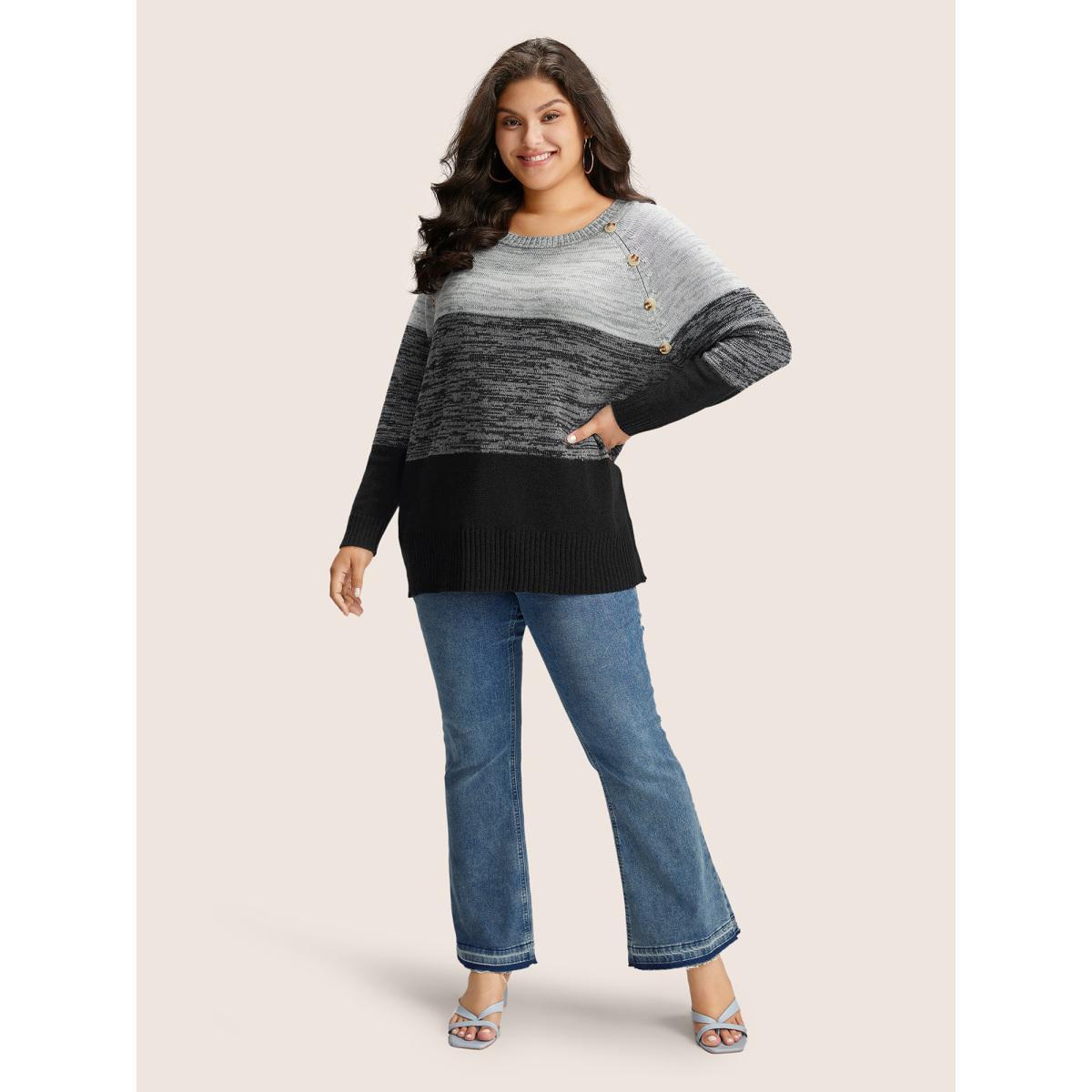 Plus Size Colorblock Contrast Heather Button Detail Pullover Black Women Casual Long Sleeve Round Neck Everyday Pullovers BloomChic 22-24/3X Product Image