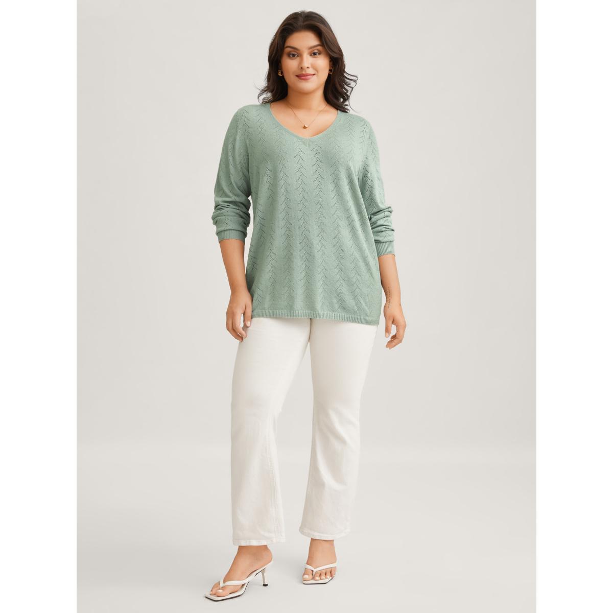Plus Size Texture V Neck Lightweight Pullover Greenbean Women Casual Long Sleeve V-neck Everyday Pullovers BloomChic 22-24/3X Product Image