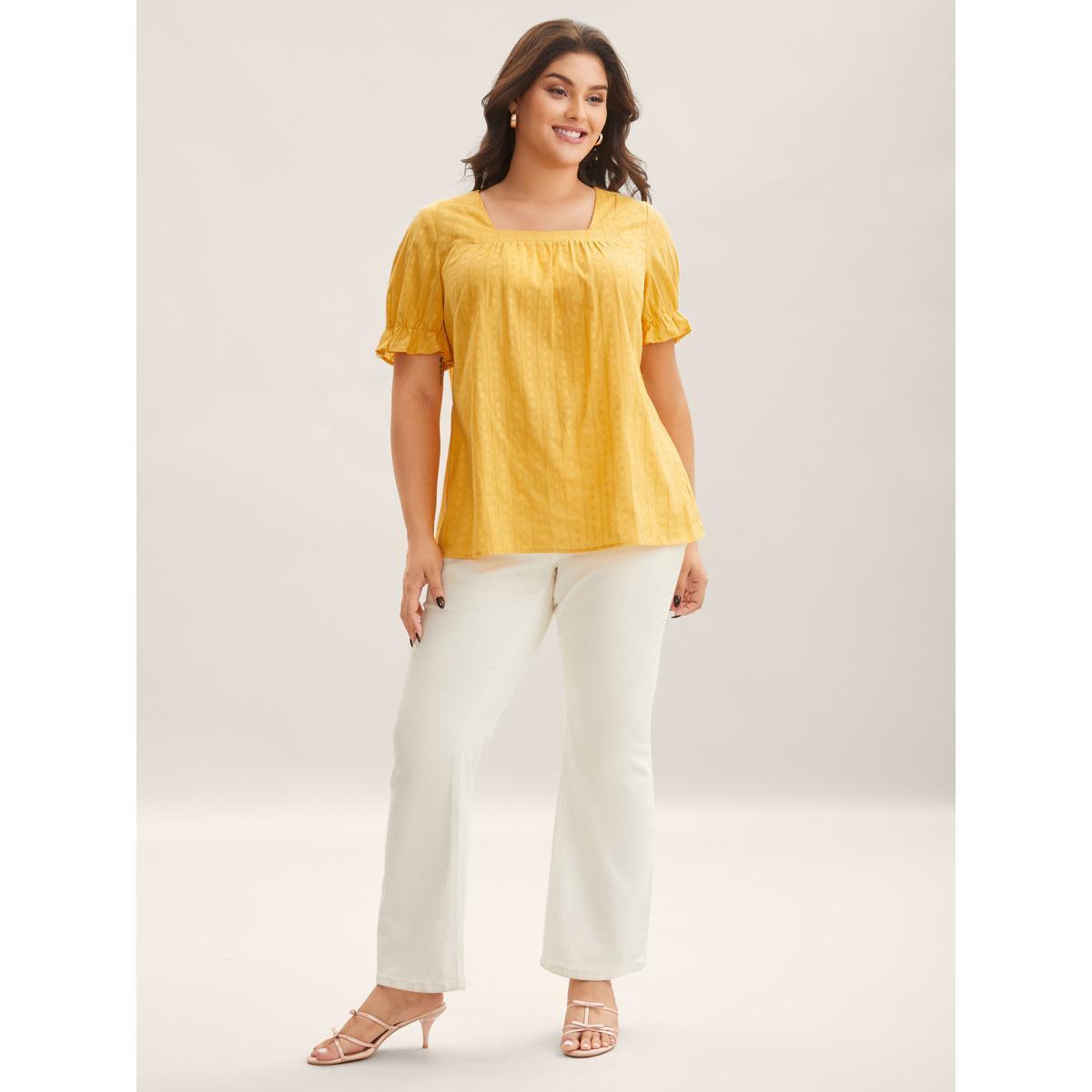 Plus Size Lemonyellow Cotton Square Neck Ruffled Sleeve Shirt Women Elegant Short sleeve Square Neck Everyday Blouses BloomChic 22-24/3X Product Image