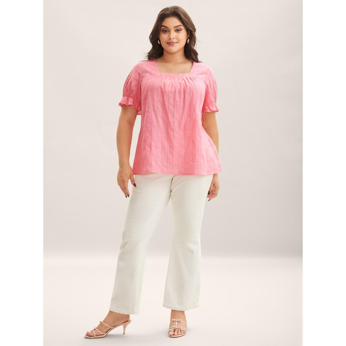 Plus Size Blush Cotton Square Neck Ruffled Sleeve Shirt Women Elegant Short sleeve Square Neck Everyday Blouses BloomChic 18-20/2X Product Image