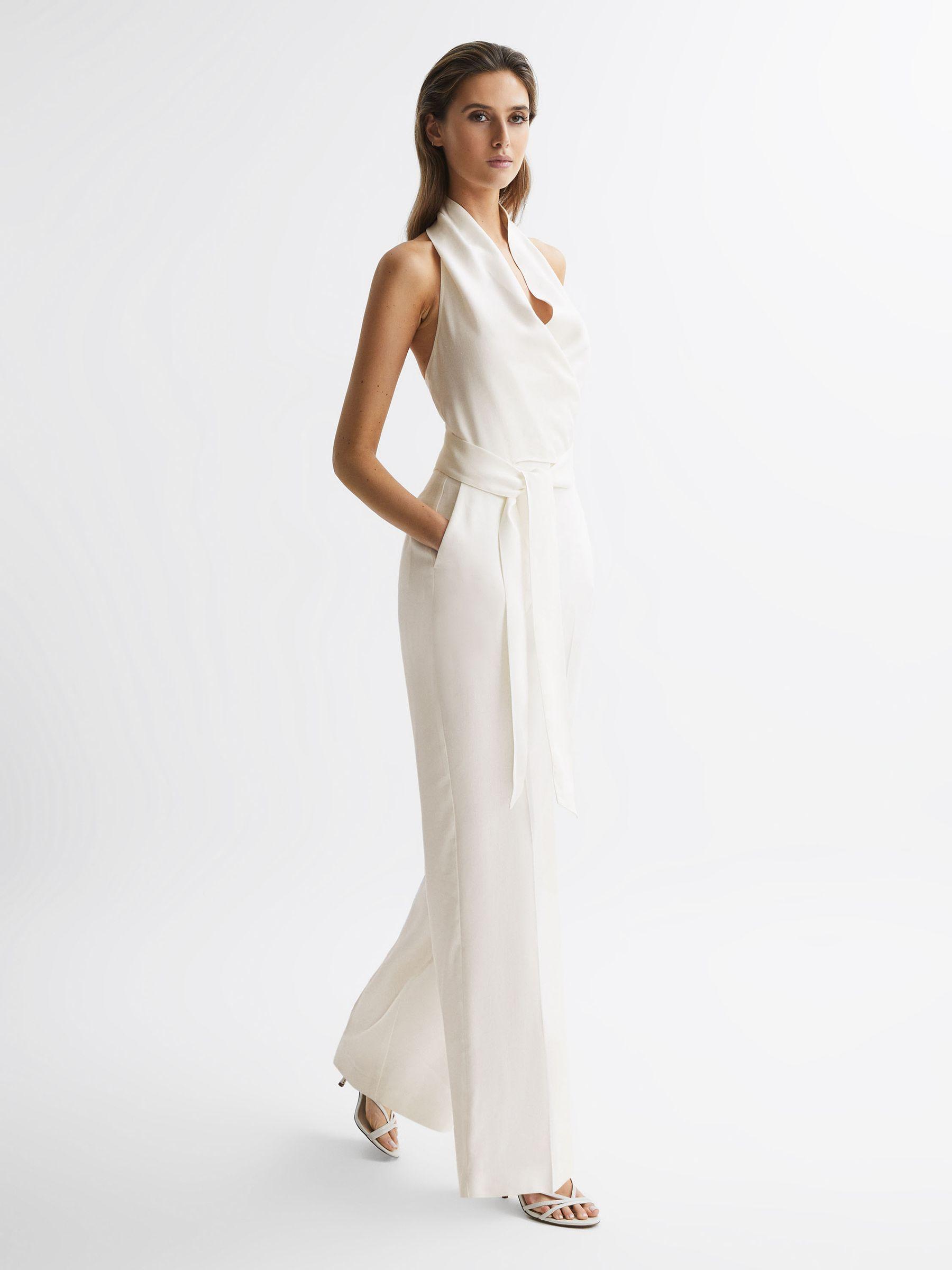 Halter Neck Linen Blend Jumpsuit in White Product Image