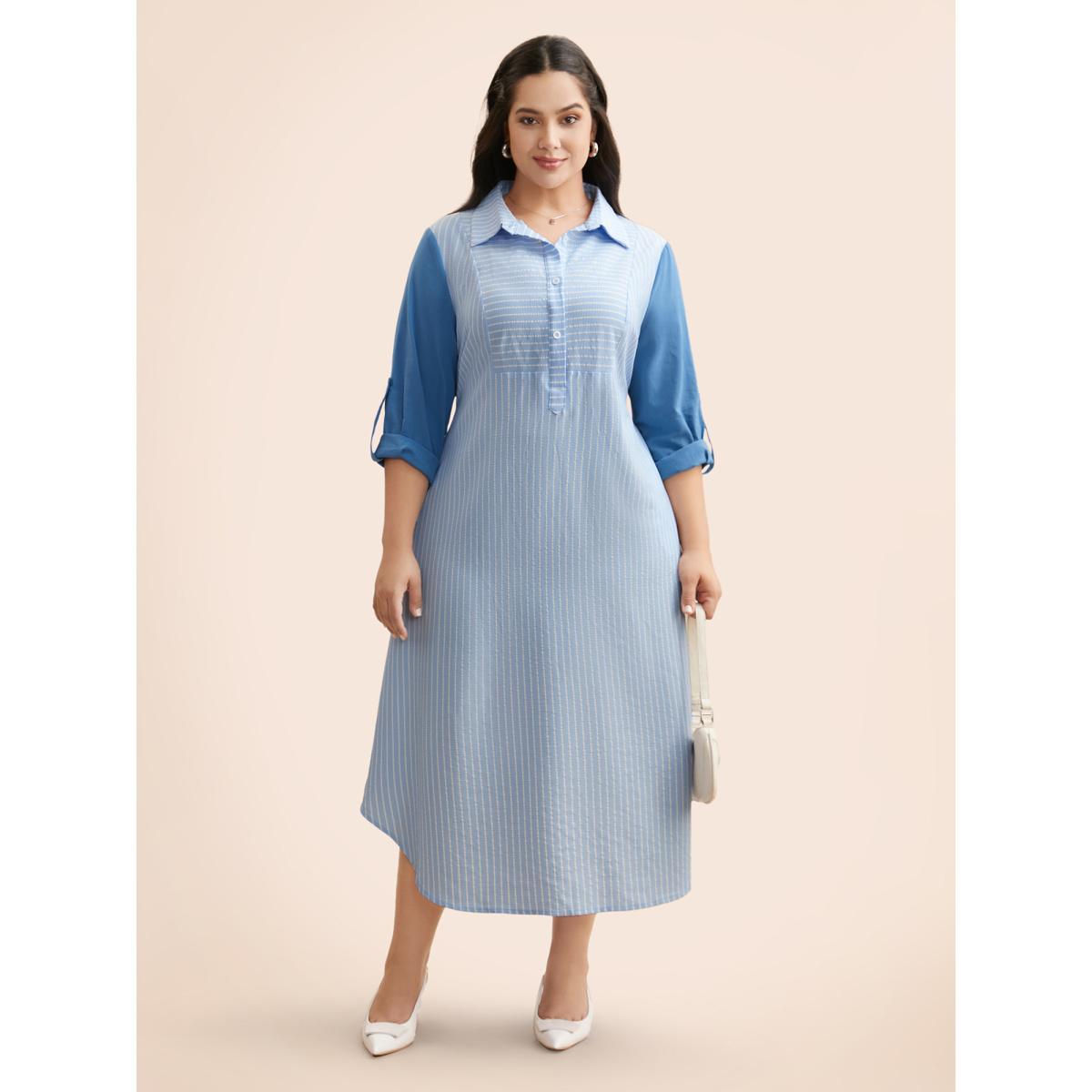 Plus Size Striped Patchwork Contrast Tab Sleeve Dress Skyblue Women Work From Home Patchwork Shirt collar Long Sleeve Curvy BloomChic 10/M Product Image