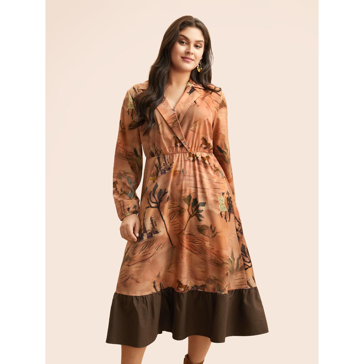 Plus Size Landscape Pattern Elastic Waist Midi Dress Wheat Women Elegant Contrast Suit Collar Long Sleeve Curvy BloomChic 12/L Product Image