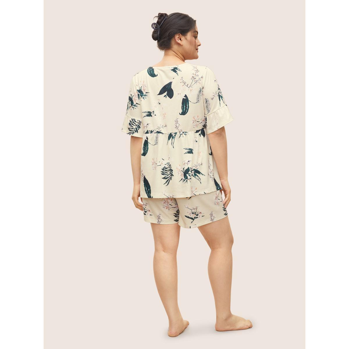 Plus Size Plants Print Knot Ties Gathered Pajama Sets Women Yellow Plants Non Half Sleeve Round Neck Lounge Loungewear Sets BloomChic 26/4X Product Image