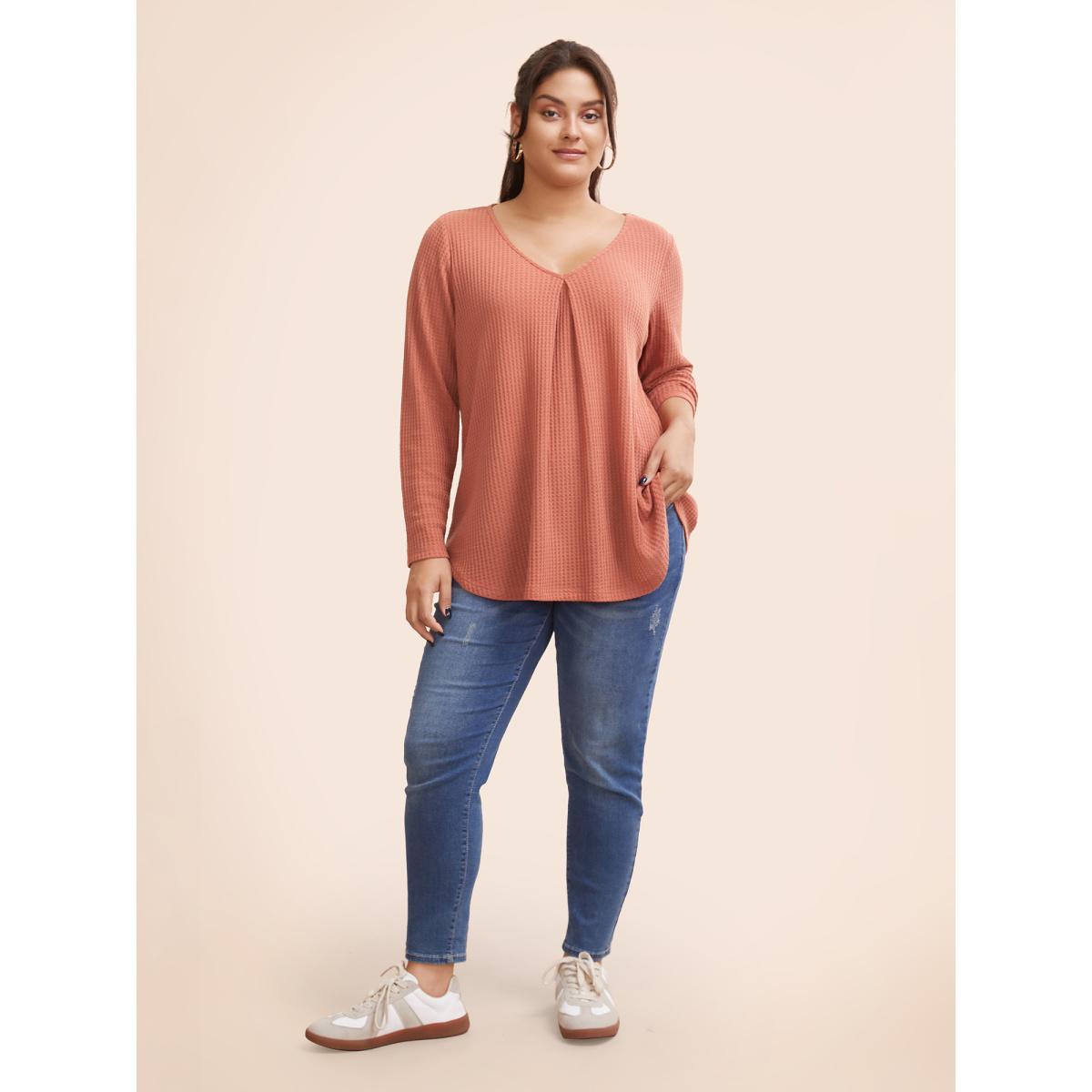 Plus Size Plain Waffle Knit Scoop Neck Plicated Detail T-shirt Salmon Women Casual Non Plain V-neck Everyday T-shirts BloomChic 14-16/1X Product Image