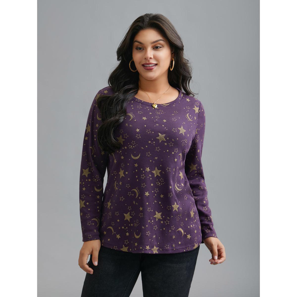 Plus Size Moon and Star Glitter Textured T-Shirt Deeppurple Women Casual Texture Star and moon Round Neck Everyday T-shirts BloomChic 12/L Product Image