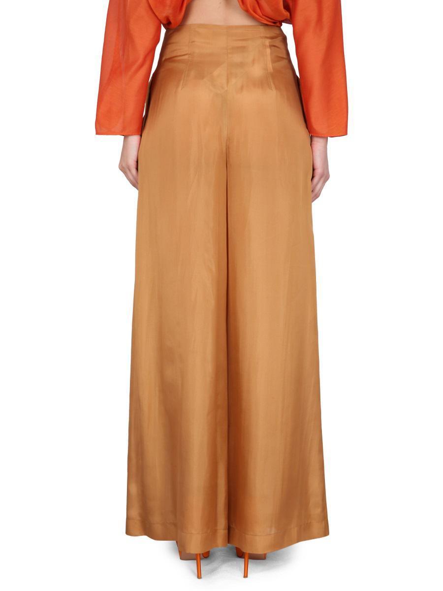 ALBERTA FERRETTI Pleated Wide-leg Silk Trousers In Brown Product Image
