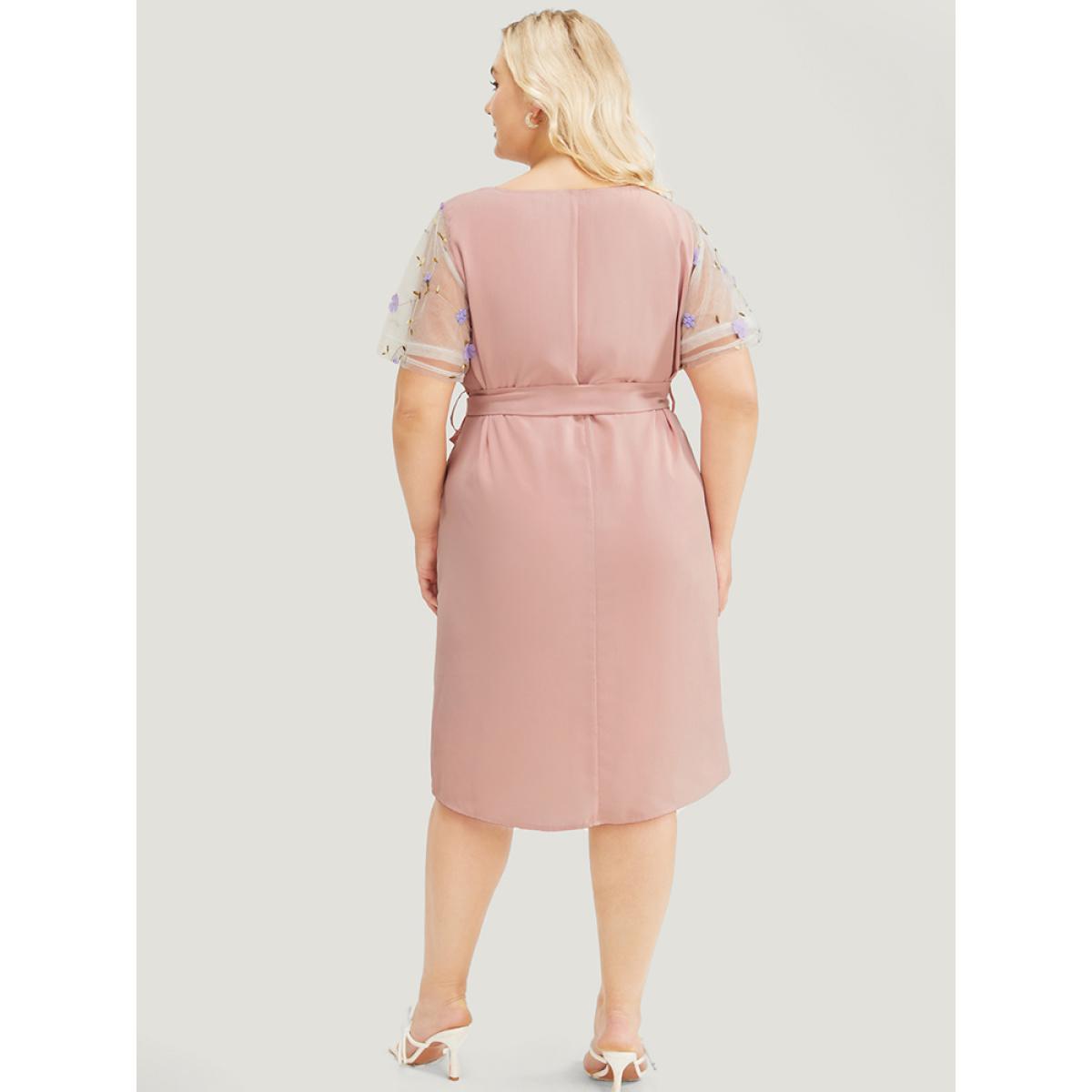 Plus Size Floral Mesh Sleeve Flutter Pocket Belt Knee Dress MistyRose Women Elegant Belted Round Neck Short sleeve Curvy Knee Dress BloomChic 30/6X Product Image