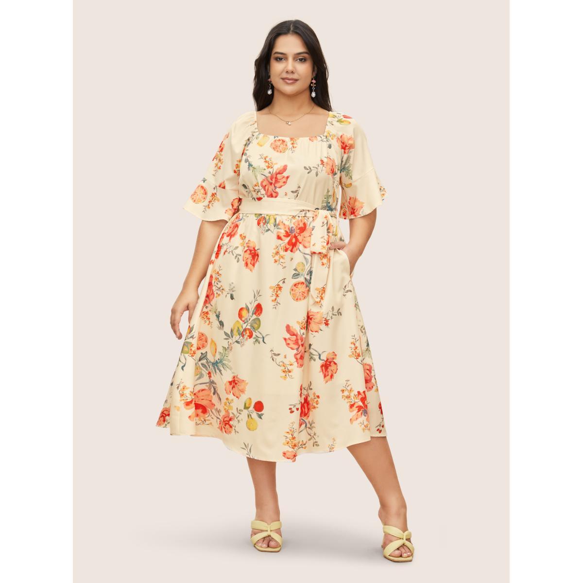 Plus Size Citrus Orange Print Square Neck Ruffles Gathered Dress Apricot Women Elegant Gathered Square Neck Half Sleeve Curvy Midi Dress BloomChic 18-20/2X Product Image