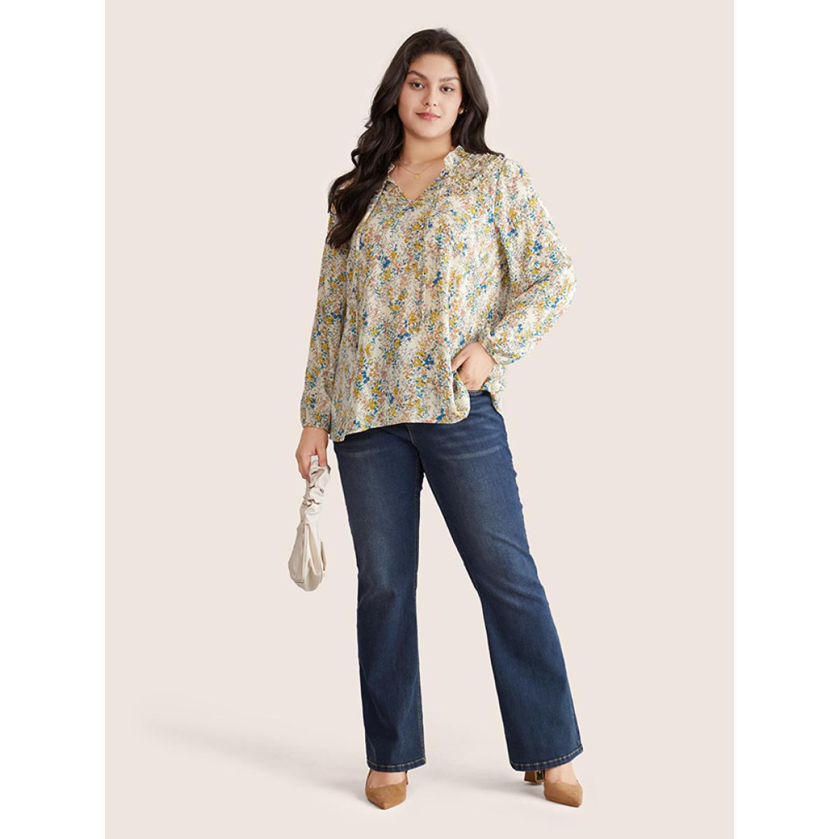 Plus Size Ivory Ditsy Floral Print Notched Lantern Sleeve Blouse Women Elegant Long Sleeve Notched collar Everyday Blouses BloomChic 14-16/1X Product Image