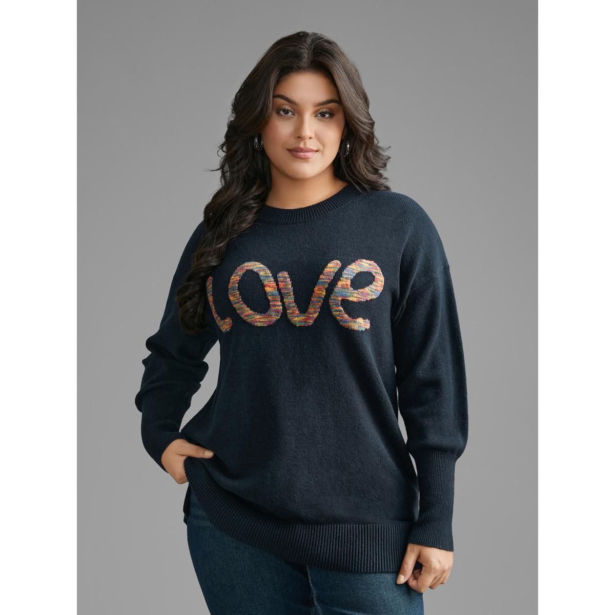 Plus Size Supersoft Essentials Love Pattern Heather Pullover Indigo Women Casual Loose Long Sleeve Round Neck Everyday Pullovers BloomChic 12/L Product Image