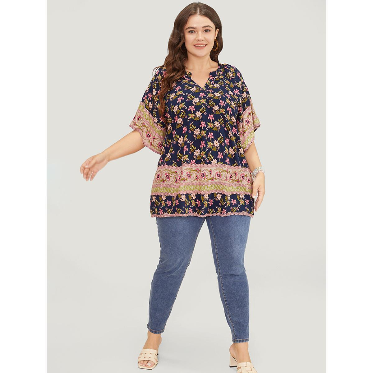Plus Size Indigo Bandana Print Notched Ruffle Sleeve Blouse Women Vacation Half Sleeve Notched collar Dailywear Blouses BloomChic 12/L Product Image