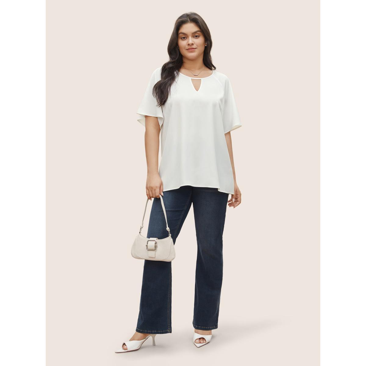 Plus Size Ivory Solid Lace Panel Keyhole Ruffle Sleeve Blouse Women Work From Home Short sleeve Round Neck Work Blouses BloomChic 12/L Product Image