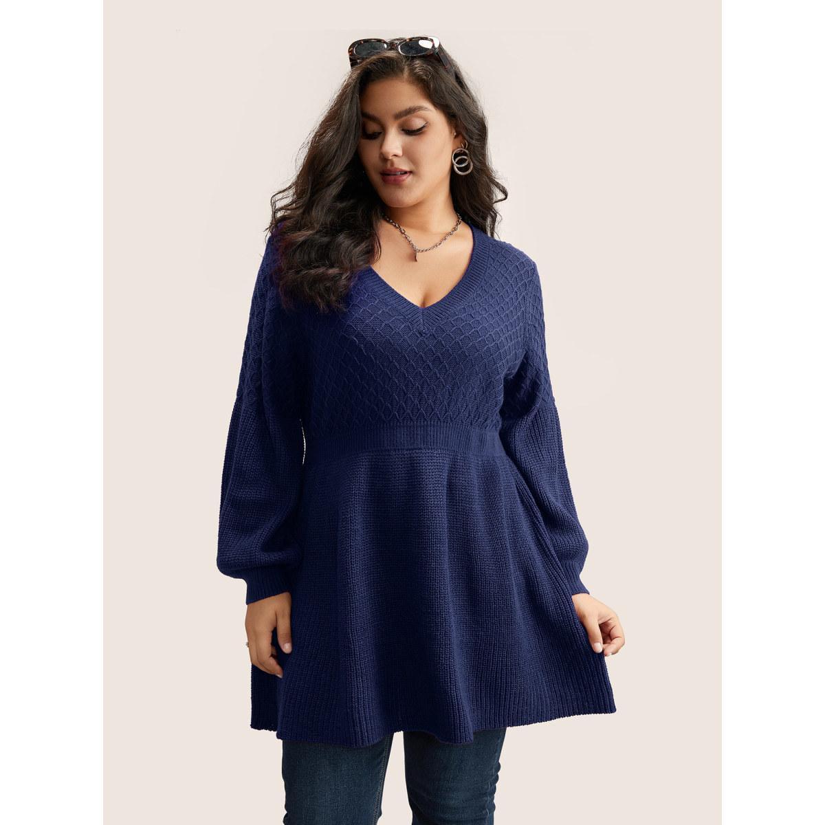 Plus Size Plain Plisse Lantern Sleeve A Line Pullover Indigo Women Elegant Long Sleeve V-neck Everyday Pullovers BloomChic 22-24/3X Product Image