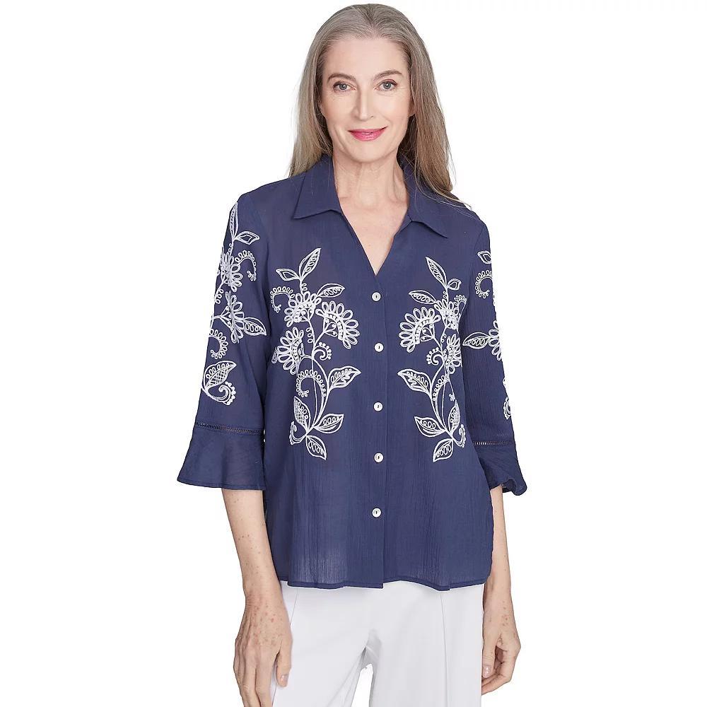 Petite Alfred Dunner Embroidered Marine Button Front Top, Women's, Size: Large Petite, Marine Blue Product Image
