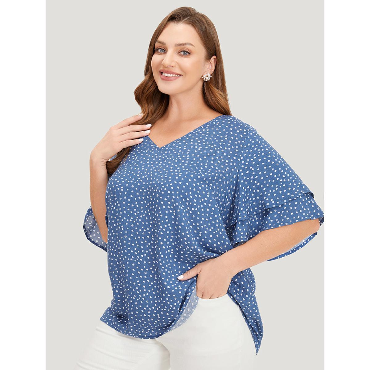 Plus Size Cerulean Polka Dot Flutter Sleeve Layered Blouse Women Elegant Half Sleeve V-neck Dailywear Blouses BloomChic 22-24/3X Product Image