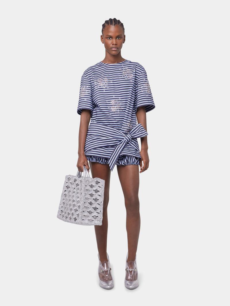 STRIPED WHITE AND BLUE EMBROIDERED TEE-SHIRT IN COTTON POPLIN Product Image
