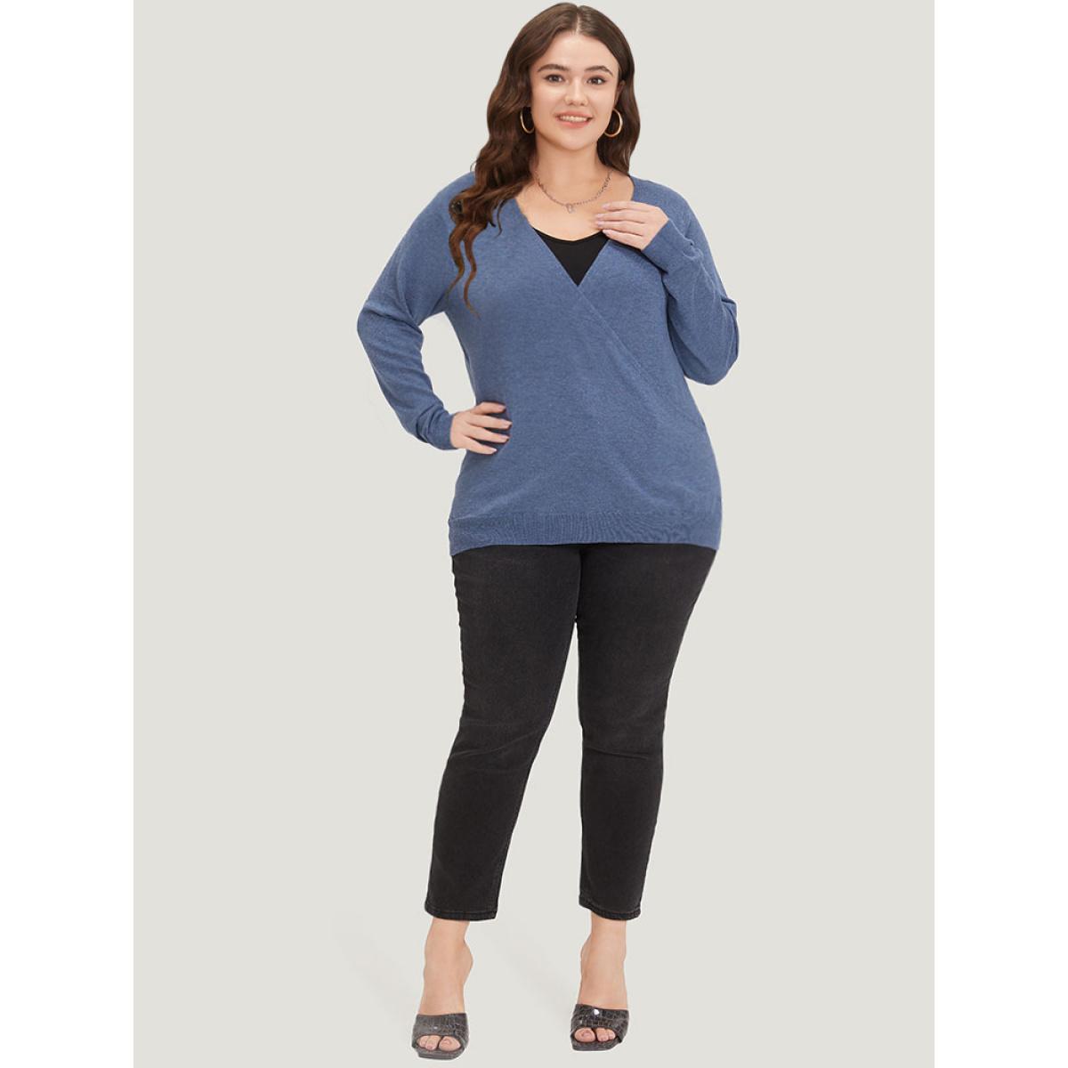Plus Size Plain Crossover Elastic Cuffs Pullover Stone Women Casual Loose Long Sleeve Dailywear Pullovers BloomChic 30/6X Product Image
