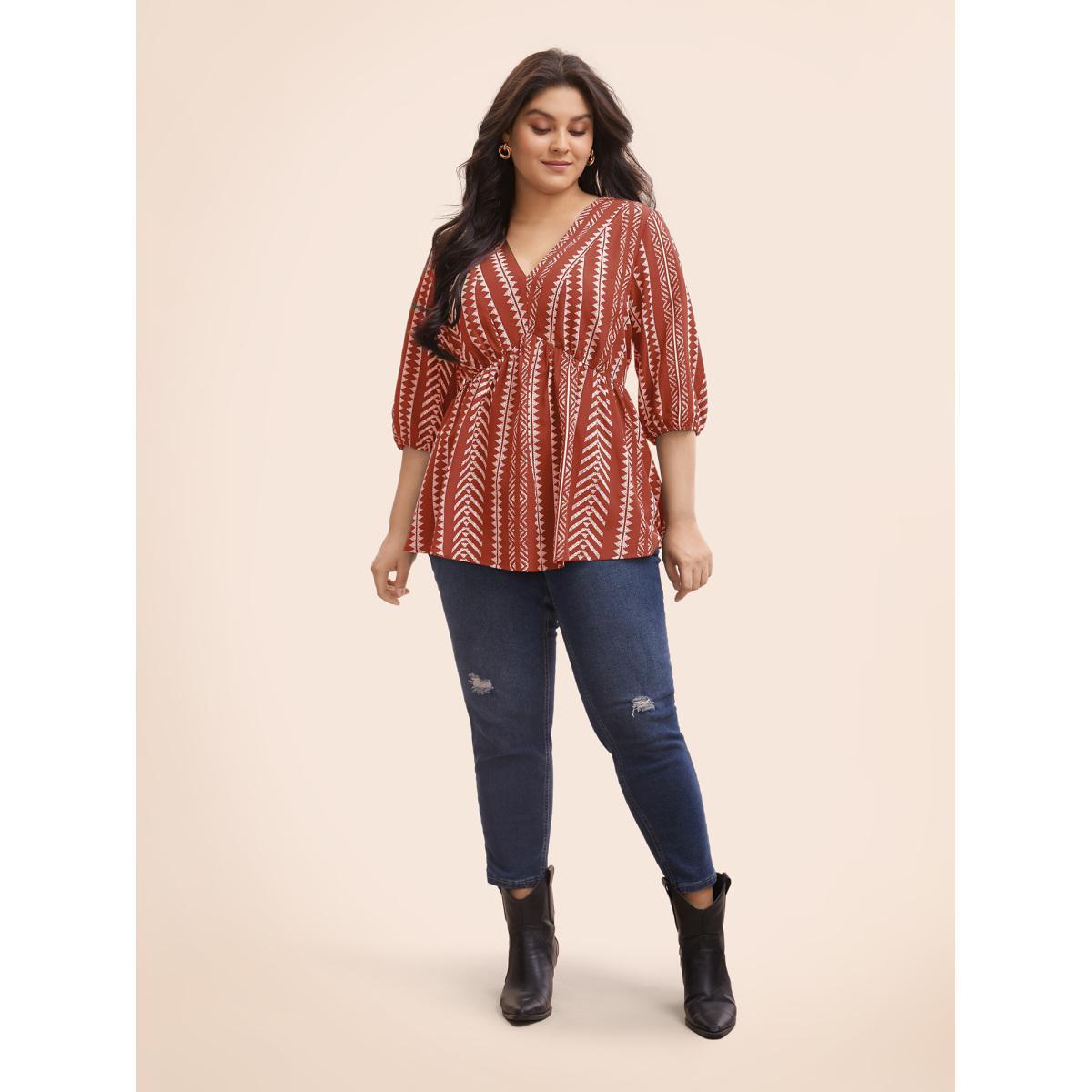 Plus Size Russet Bandana Geometric Lantern Sleeve Gathered Blouse Women Resort Elbow-length sleeve V-neck Vacation Blouses BloomChic 18-20/2X Product Image