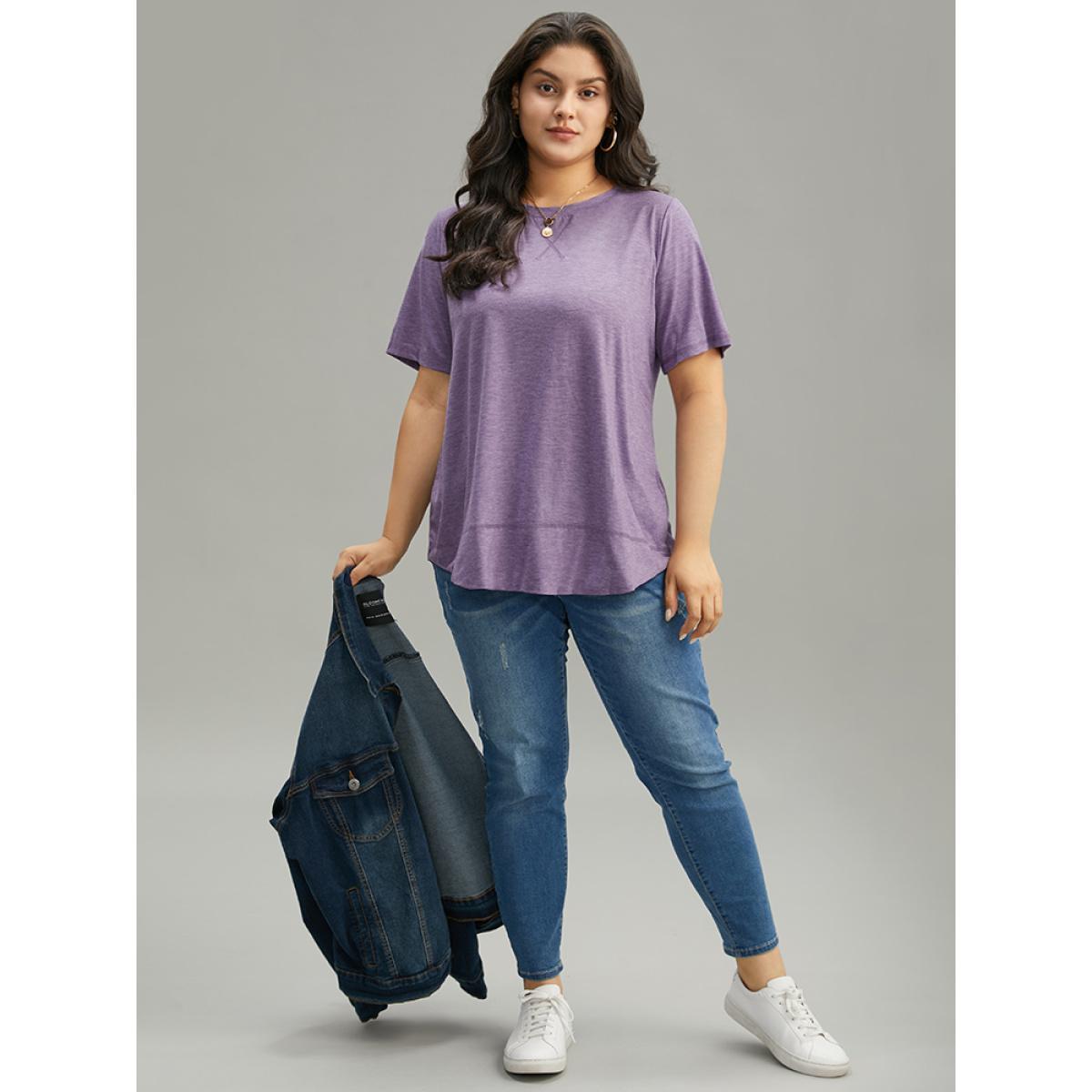 Plus Size Contrast Stitch Round Neck Curved Hem T-shirt Purple Women Casual Plain Plain Round Neck Dailywear T-shirts BloomChic 22-24/3X Product Image