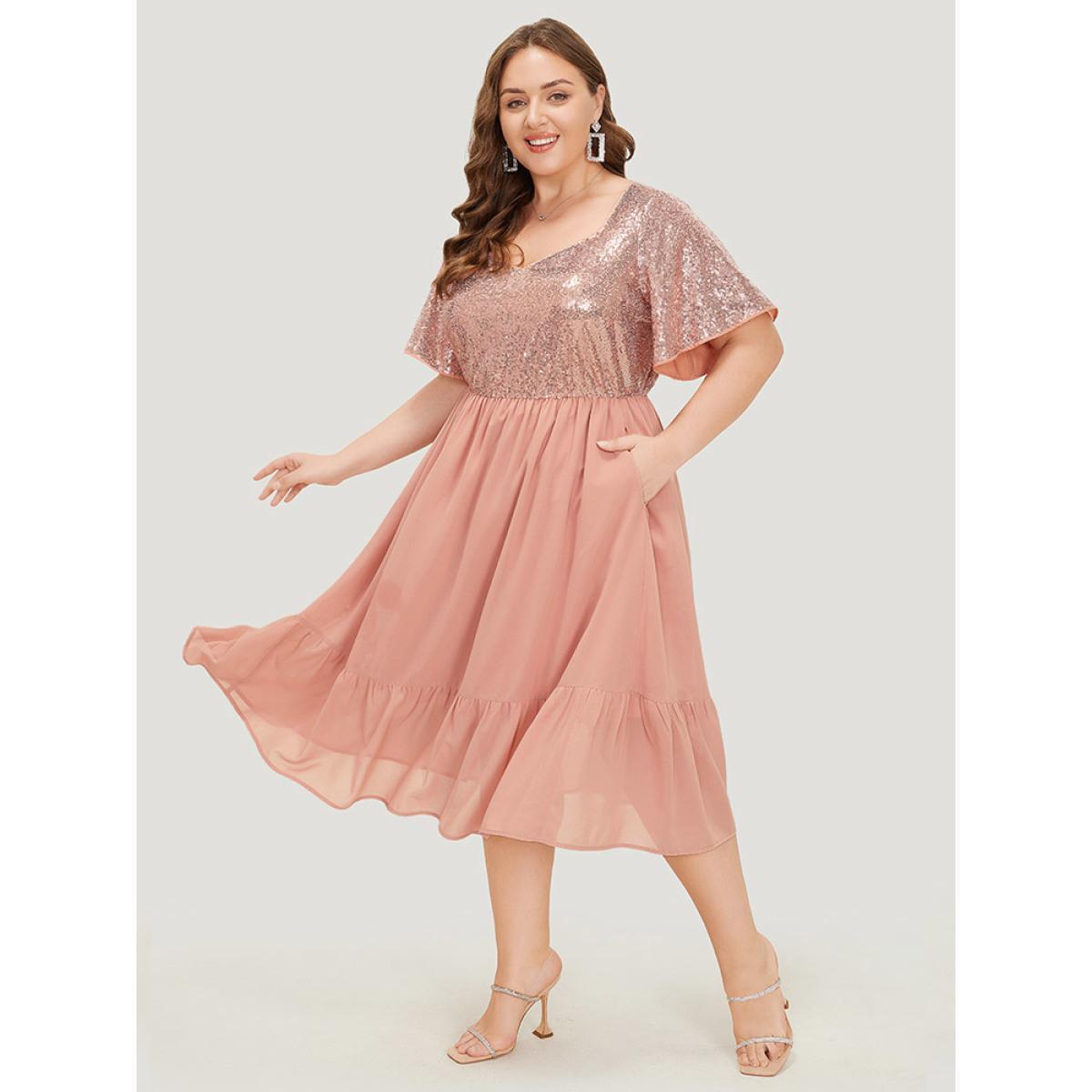 Plus Size Sequin Patchwork Belted Flutter Hem Midi Dress Crepe Women Party Lined V-neck Short sleeve Curvy Midi Dress BloomChic 22-24/3X Product Image