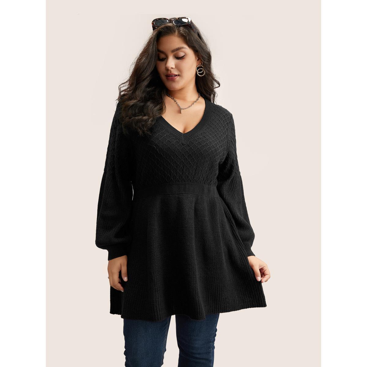 Plus Size Plain Plisse Lantern Sleeve A Line Pullover Black Women Elegant Long Sleeve V-neck Everyday Pullovers BloomChic 28/5X Product Image