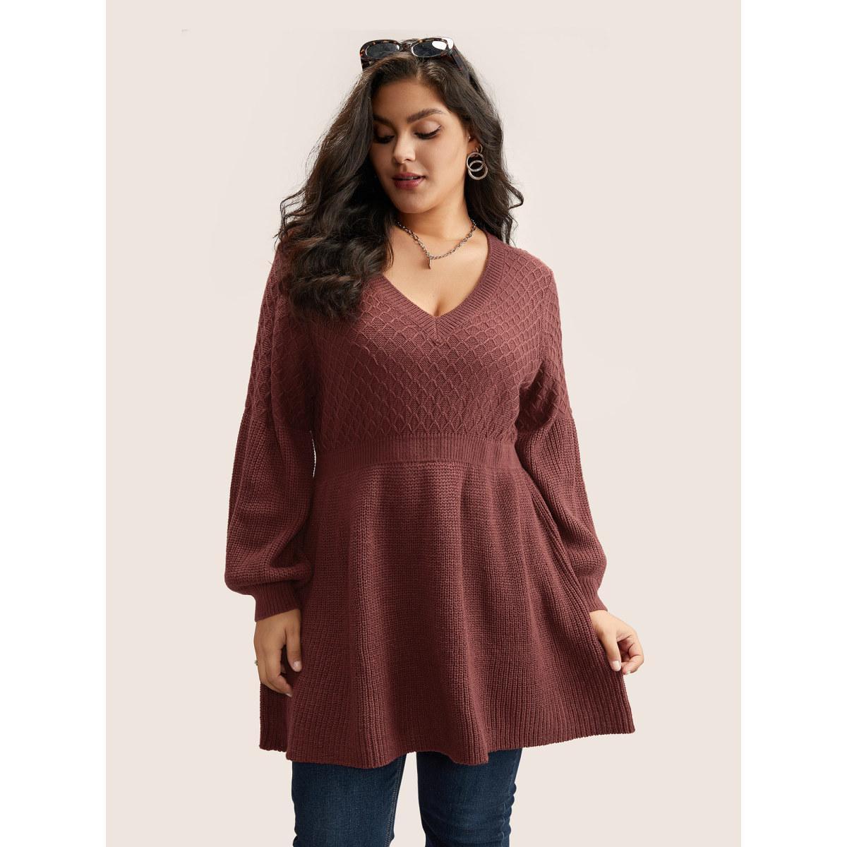 Plus Size Plain Plisse Lantern Sleeve A Line Pullover Rust Women Elegant Long Sleeve V-neck Everyday Pullovers BloomChic 12/L Product Image