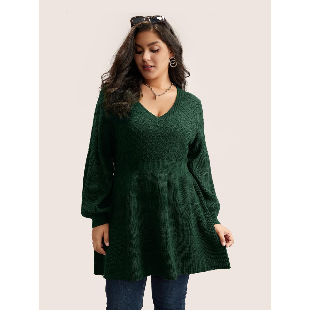 Plus Size Plain Plisse Lantern Sleeve A Line Pullover DarkGreen Women Elegant Long Sleeve V-neck Everyday Pullovers BloomChic 30/6X Product Image