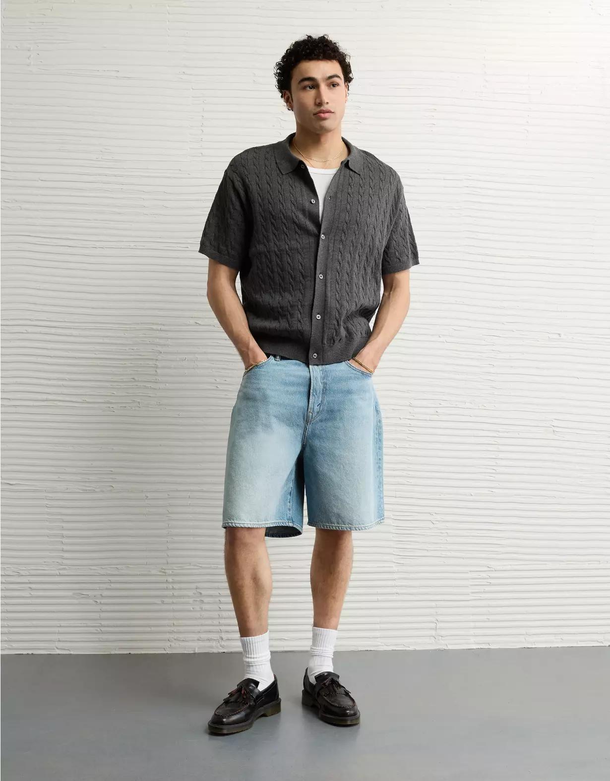 AE Weekend Cable Knit Button-Up Sweater Polo Shirt Product Image